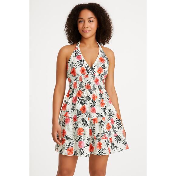 Madden NYC White Tropical Floral Halter Smocked Ruffle VNeck Dress‎ Extra Large - Picture 1 of 7